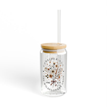 Consider the Wildflowers Cup | Luke 12:27 Scripture Glass Sipper Cup, 16oz Tumbler with Bamboo Lid and Straw, Christian Iced Coffee Cup